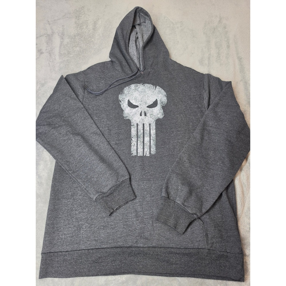 Marvel Punisher Skull Graphic Hoodie Mens XL Charcoal Gray Fleece Pullover